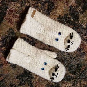 Polar bear wool mittens, with eyes, embroidery nose, whiskers, tail, handmade